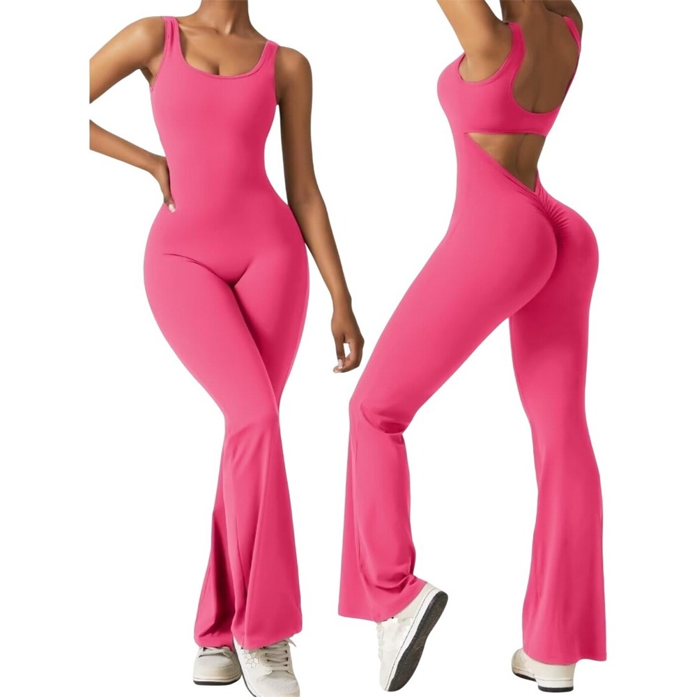 VertVie Pink Scrunch Butt Flare Leg Jumpsuit XS Sleeveless Backless‎ NWT